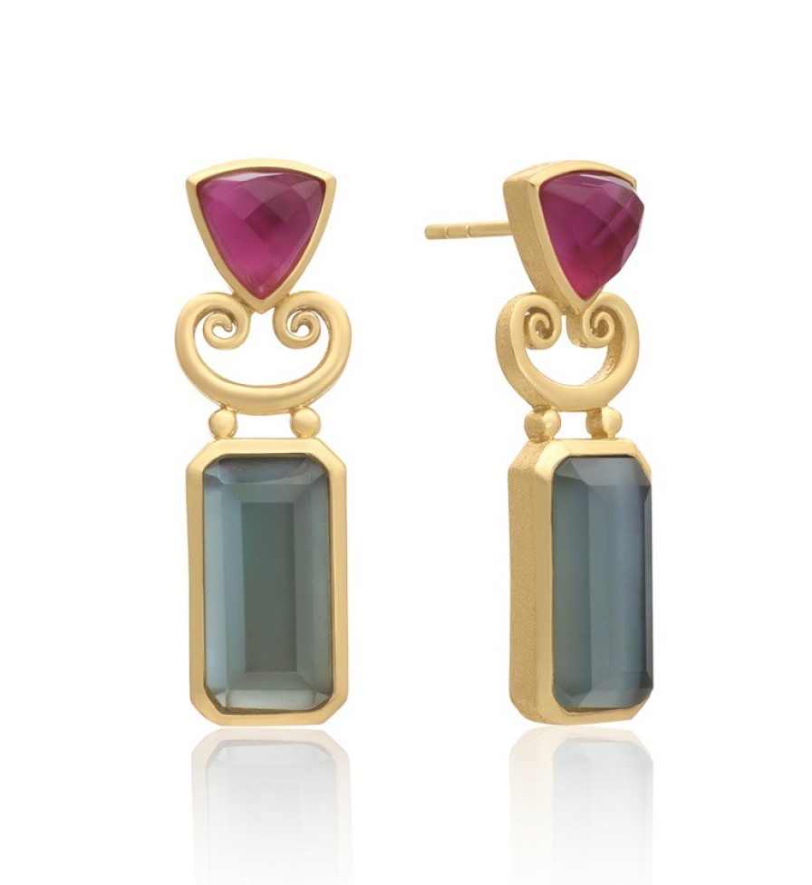 La Maison Earrings | Azuni Trillion And Oblong Doublet Studs With Scroll - Pink - La Maison