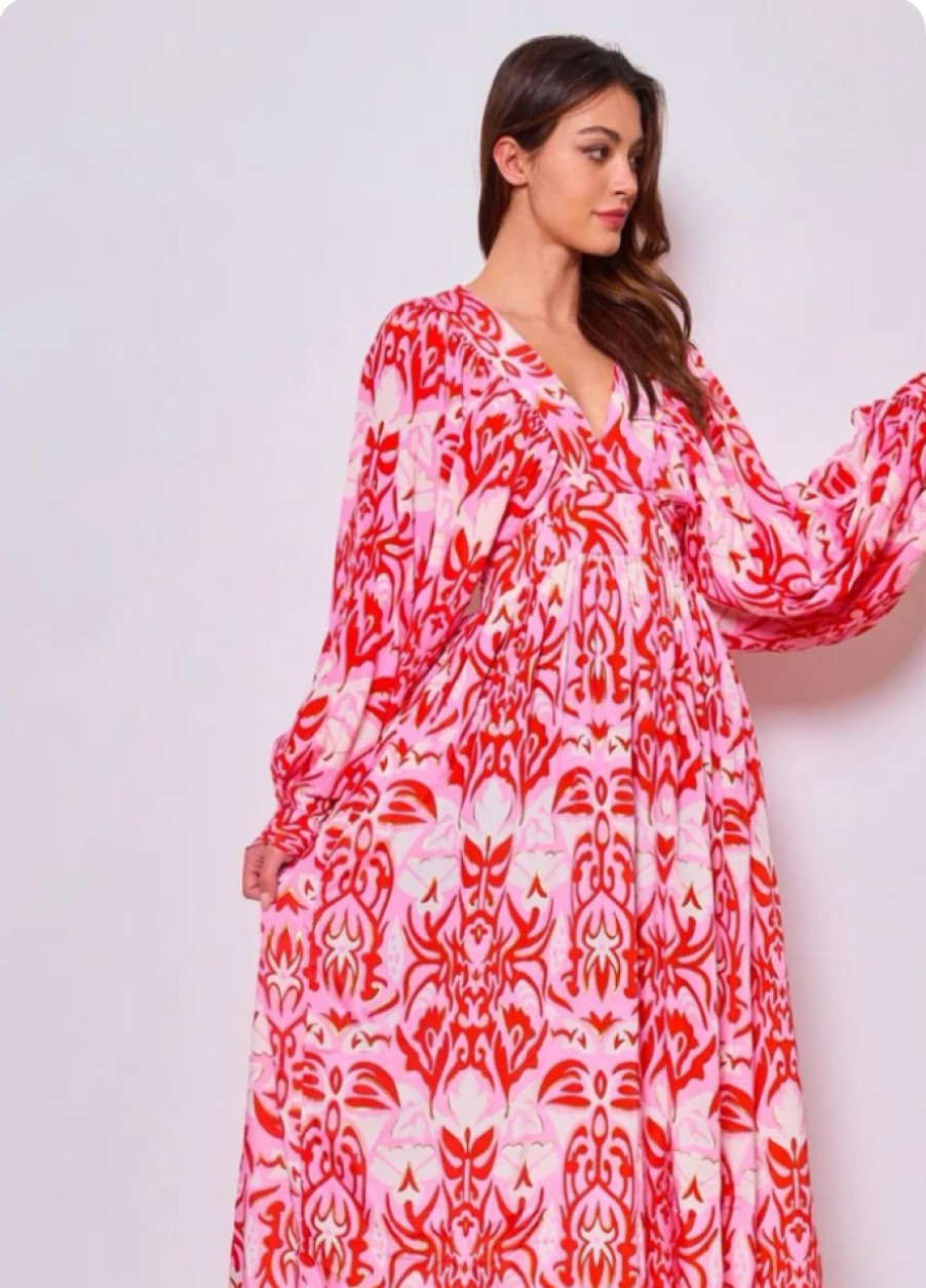 La Maison Dresses And Skirts | Pink & Red With Gold Trim Full Sleeved Midi Dress - La Maison