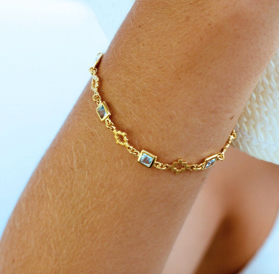 La Maison Bracelets | Azuni Inca Cross Bracelet With Square Cut Gemstones - Blue Topaz - La Maison