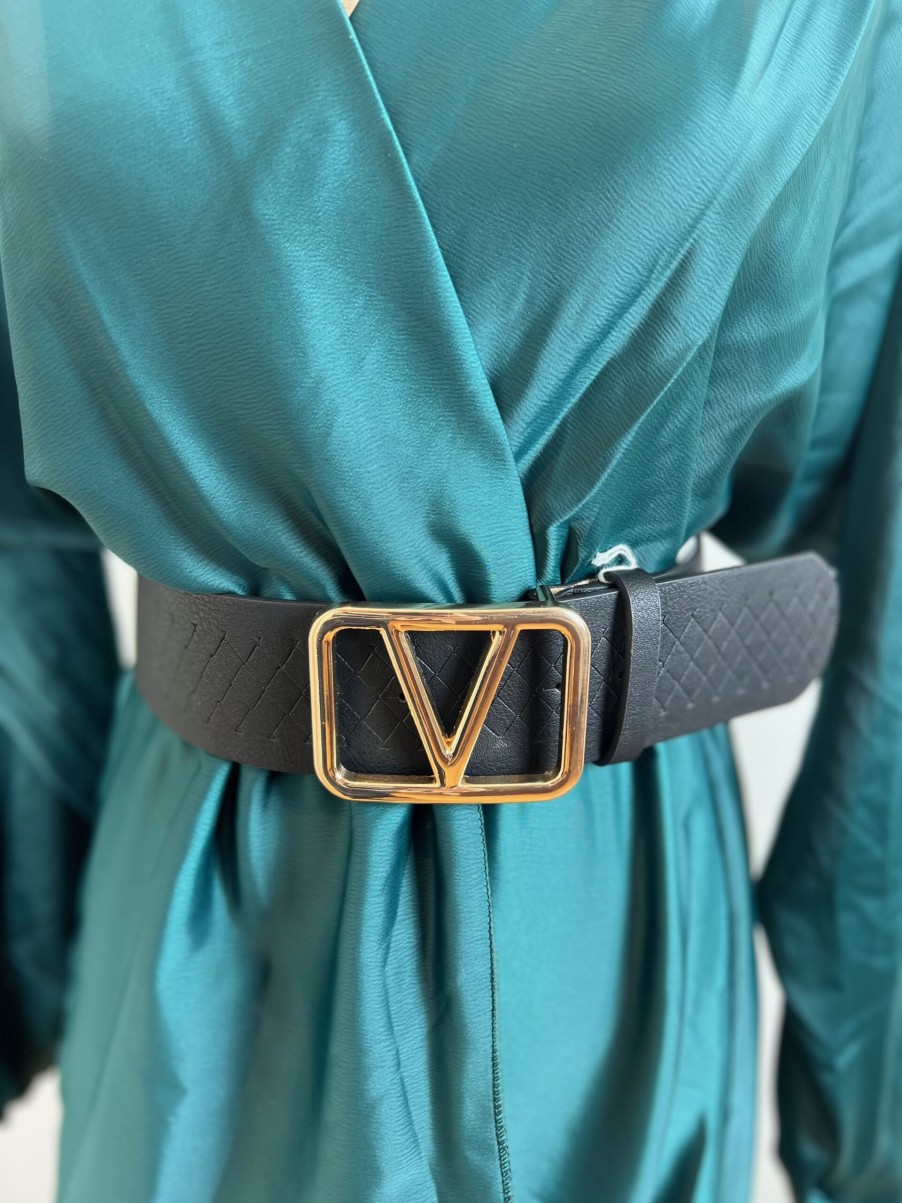 La Maison Accessories | Black Faux Leather Adjustable V Buckle Belt - La Maison