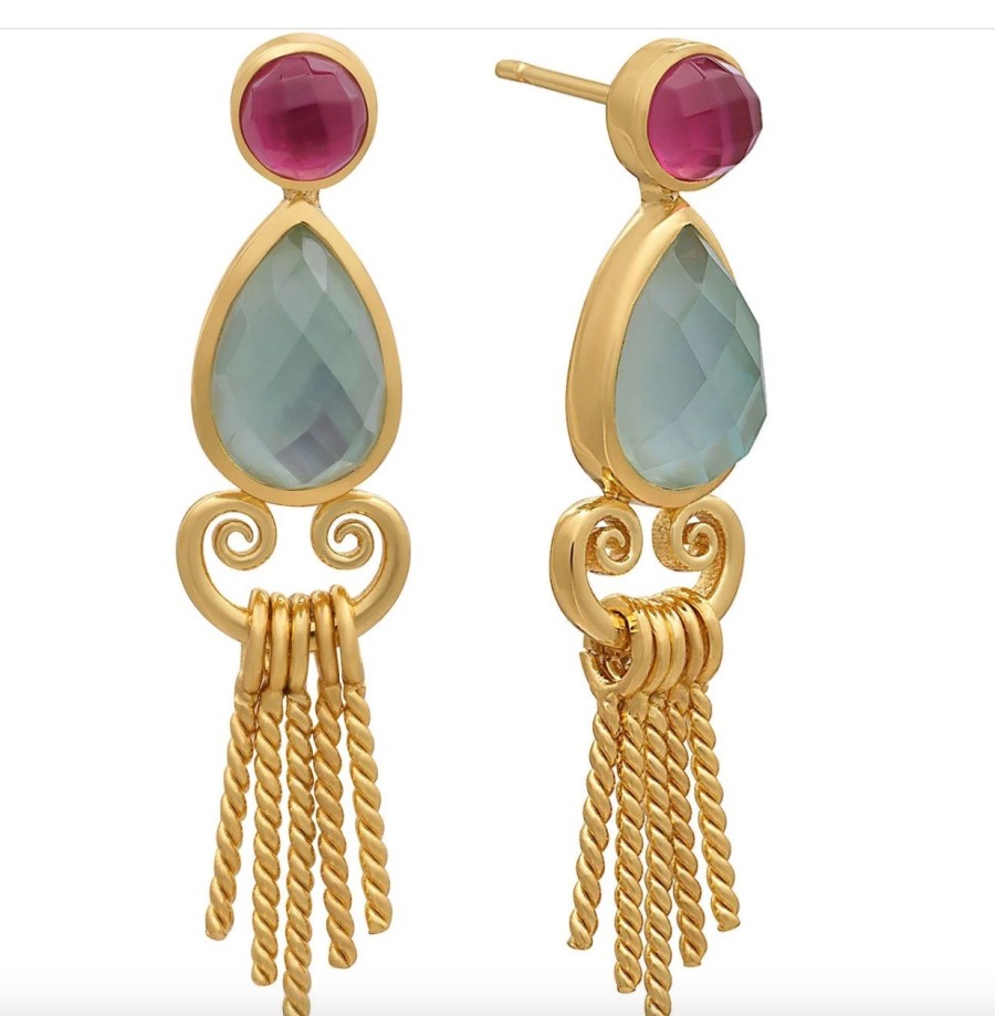 La Maison Earrings | Azuni Zepha Double Gemstone Studs With Twisted Rope Tassel - Aqua - La Maison