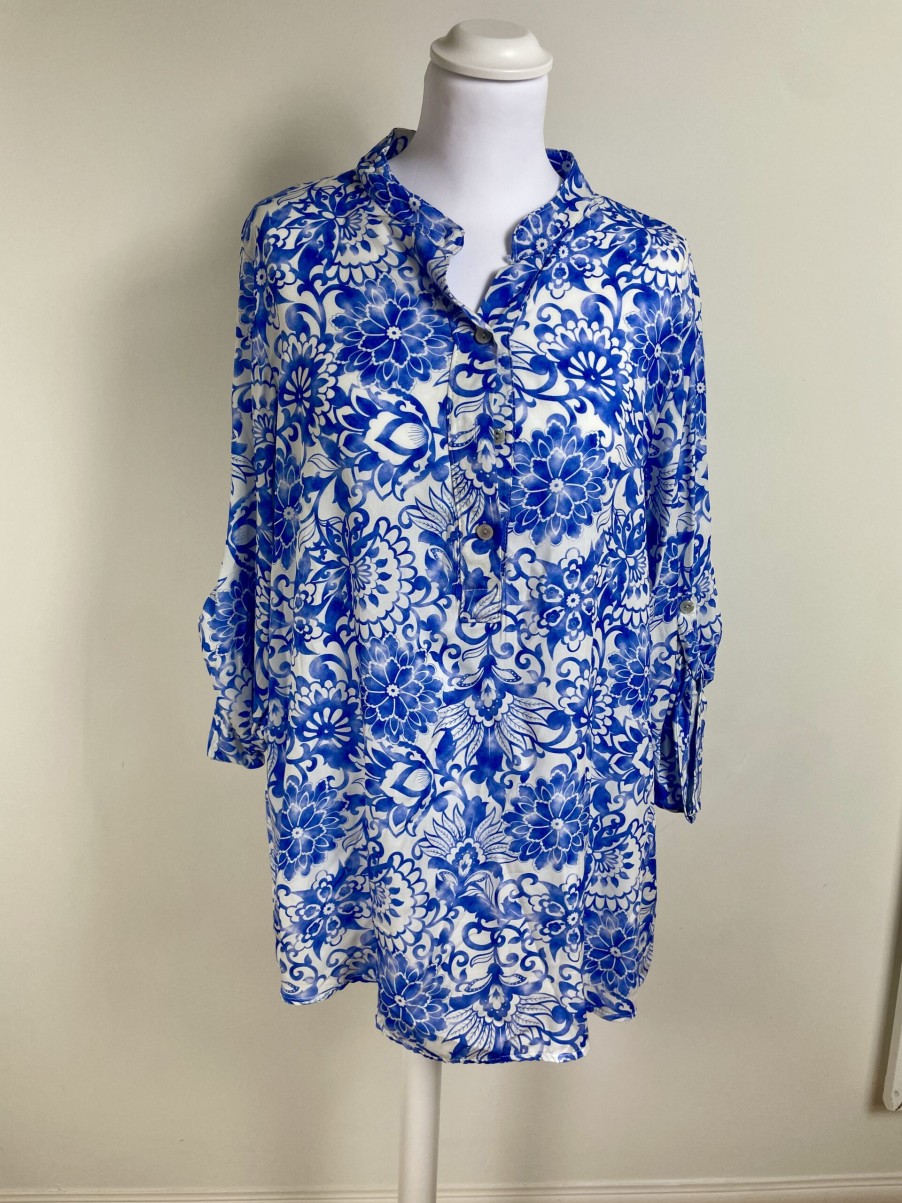 La Maison Blouses And Tops | Blue & White Longline Shirt / Tunic - La Maison