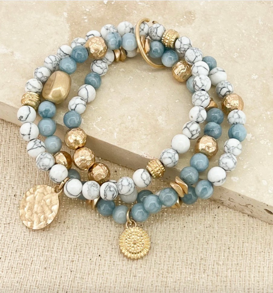 La Maison Bracelets | Gold Layered Stretch Bracelet With White And Blue Beads - La Maison