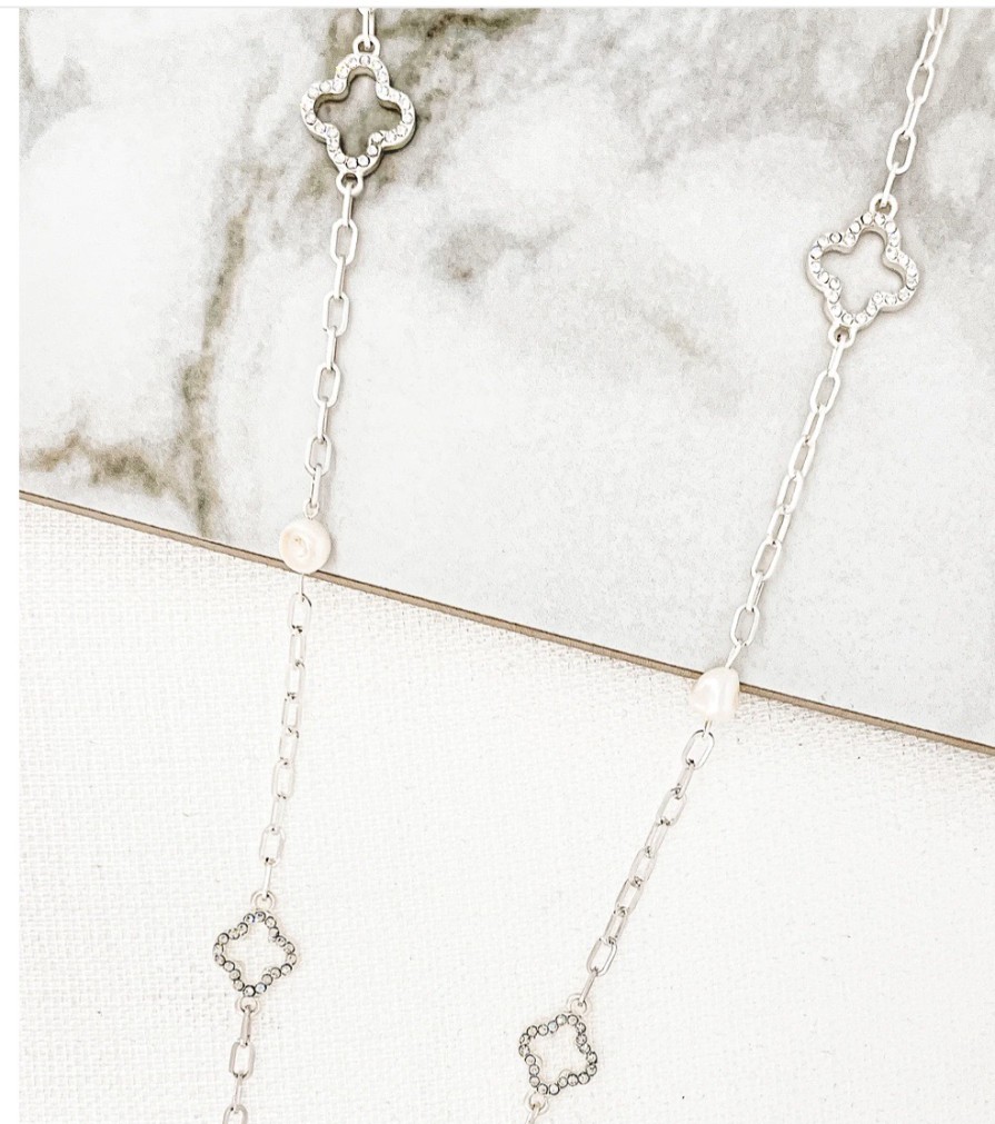 La Maison Necklaces | Long Silver Necklace With Freshwater Pearls And Diamante Fleurs - La Maison