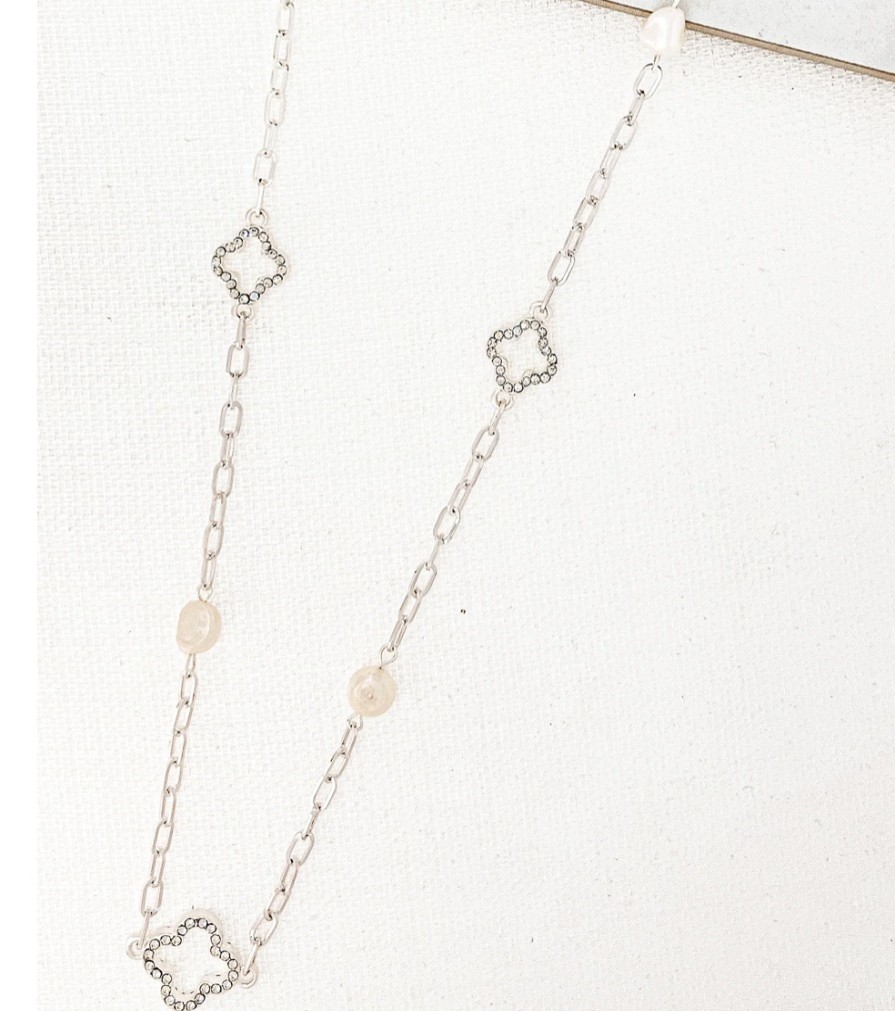 La Maison Necklaces | Long Silver Necklace With Freshwater Pearls And Diamante Fleurs - La Maison