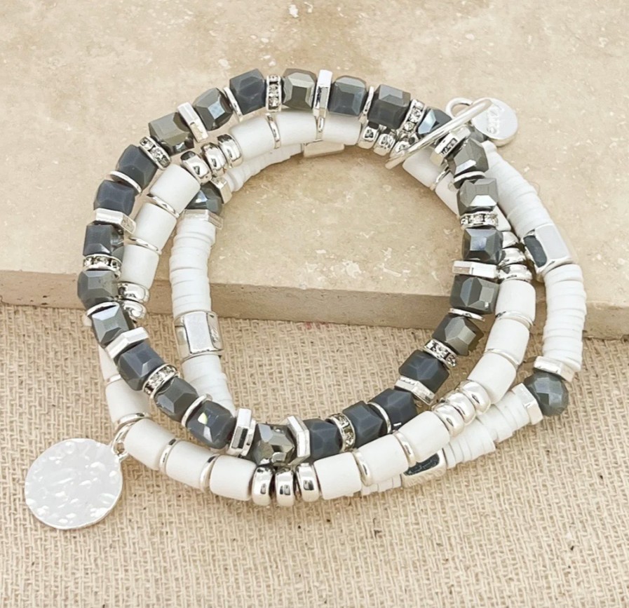 La Maison Bracelets | Silver And Grey Bead Multi Layer Stretch Bracelet - La Maison