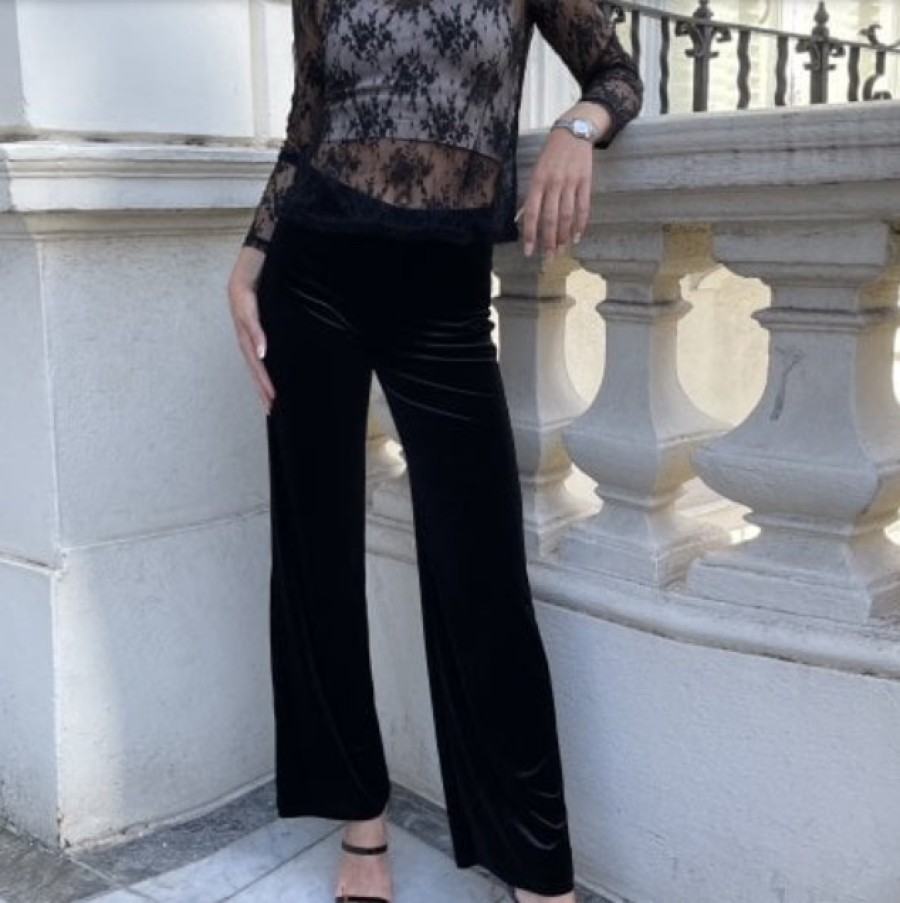 La Maison Trousers | Black Soft Velvet Wide Leg Palazzo Trouser - La Maison