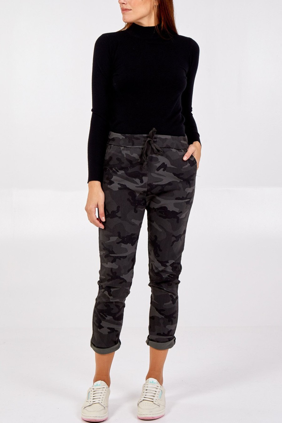 La Maison Trousers | Stretch Sparkle Camouflage Jogger Style Trousers - La Maison