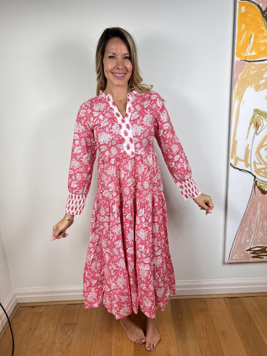 La Maison Dresses And Skirts | Pink & Cream Patterned Long Sleeved Midi Dress - La Maison