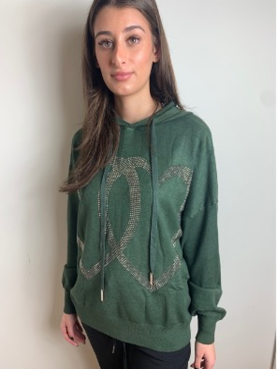 La Maison Knitwear | Double Diamante Heart Khaki Hoodie - La Maison