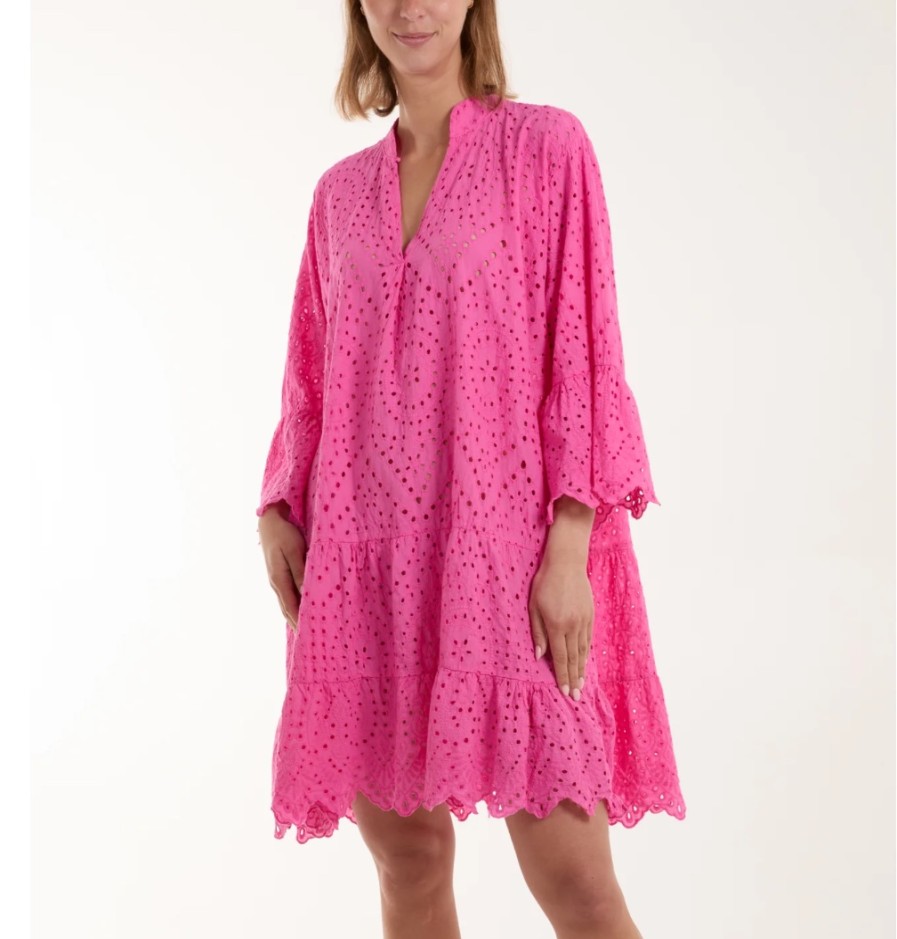 La Maison Dresses And Skirts | Broderie Anglaise Tiered Tunic Dress In Hot Pink - La Maison