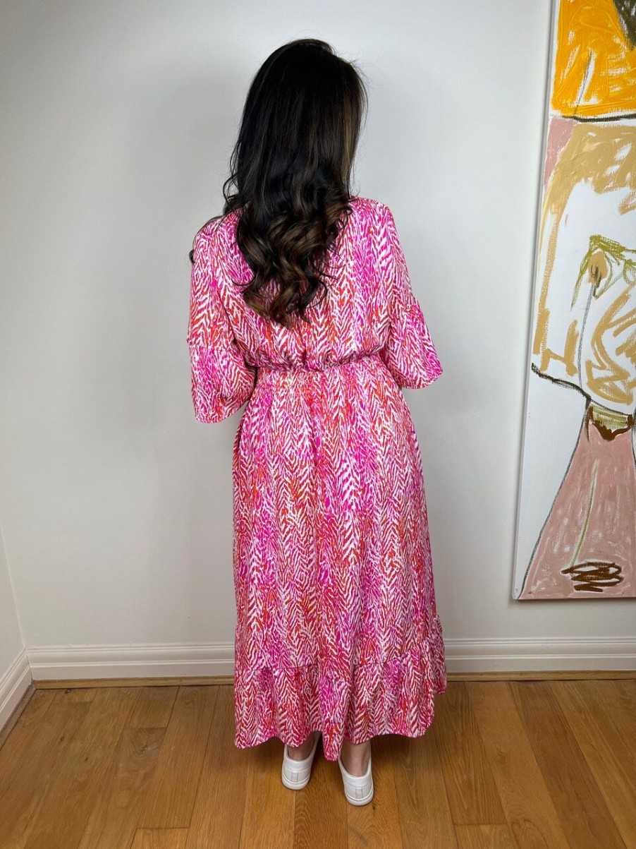 La Maison Dresses And Skirts | Fuschia Chevron Print Fluted Sleeve Maxi Dress - La Maison