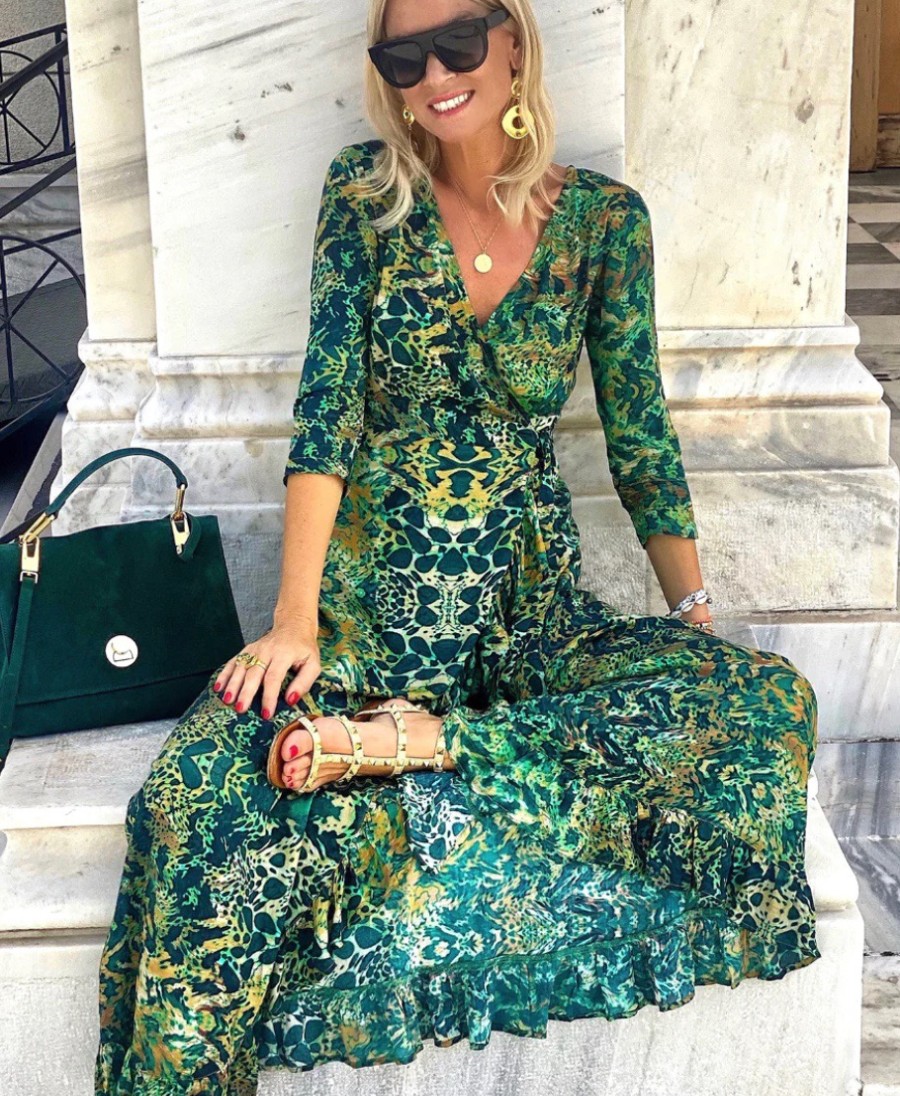 La Maison Dresses And Skirts | Sophia Alexia Emerald Leopard Ruffle Wrap Dress - La Maison