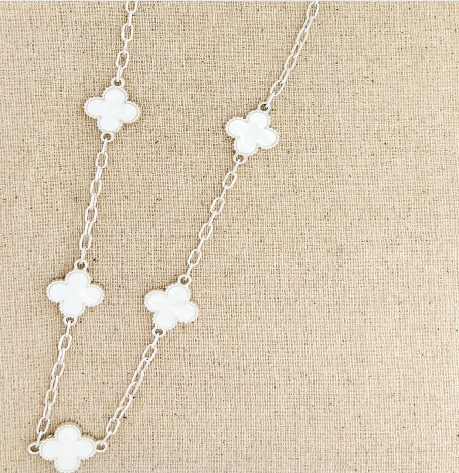 La Maison Necklaces | Envy Long Silver Necklace With Pearly White Clover Detail - La Maison