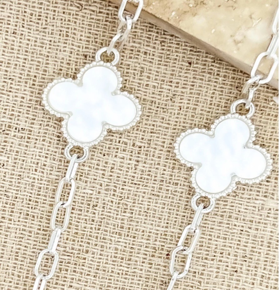 La Maison Necklaces | Envy Long Silver Necklace With Pearly White Clover Detail - La Maison