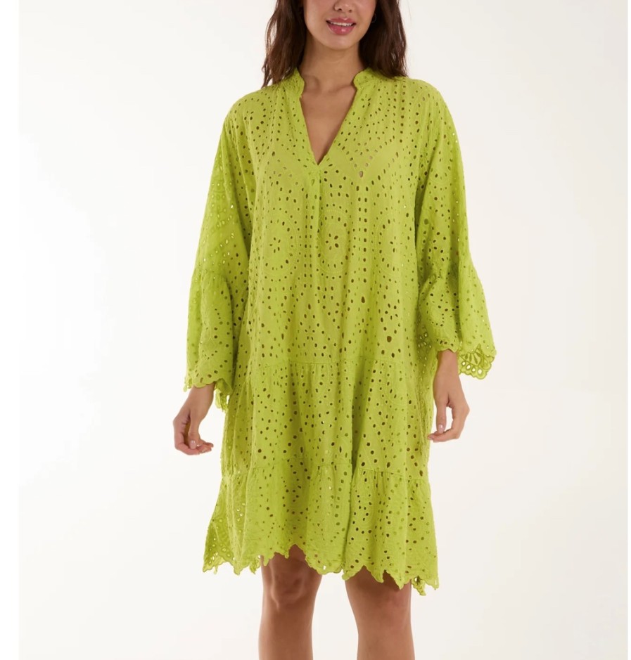 La Maison Dresses And Skirts | Broderie Anglaise Tiered Tunic Dress In Lime Green - La Maison