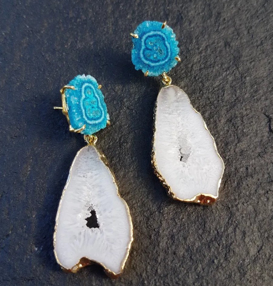 La Maison Earrings | Sky Blue Solar Quartz White Agate Summer Love Statement Earrings - La Maison