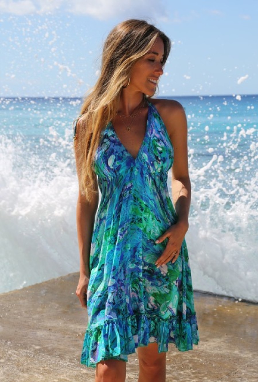 La Maison Dresses And Skirts | Sophia Alexia Turquoise Glow Silk Mini Ibiza Dress - La Maison