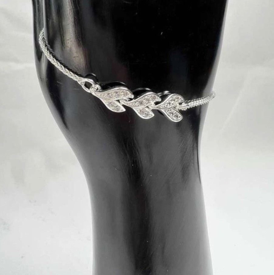 La Maison Bracelets | Silver Plated Diamantee Leaf Charm Bracelet - La Maison