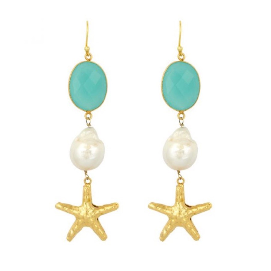 La Maison Earrings | Azurine Starfish Earrings With Aqua Chalcedony And Baroque Pearl - La Maison