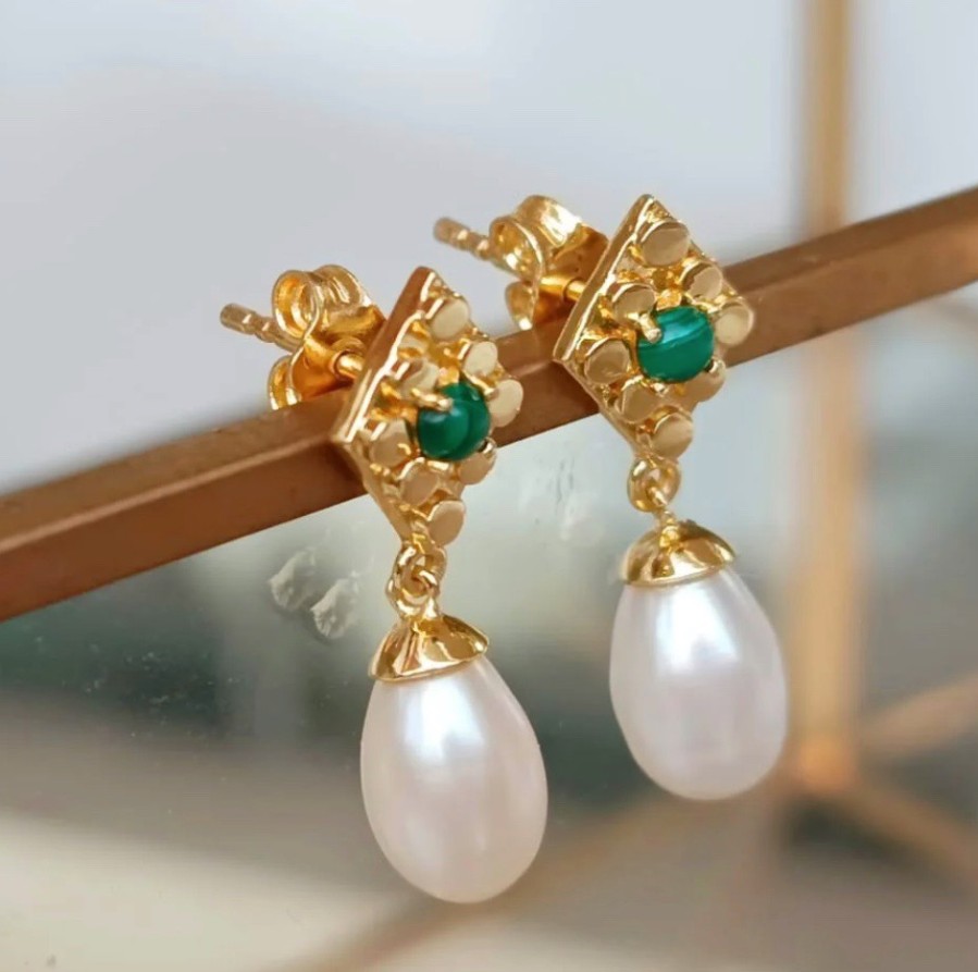 La Maison Earrings | Azuni Drop Pearl And Malachite Earrings - La Maison