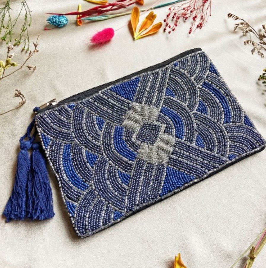 La Maison Accessories | Chrysler Beaded Pouch Navy & Silver - La Maison