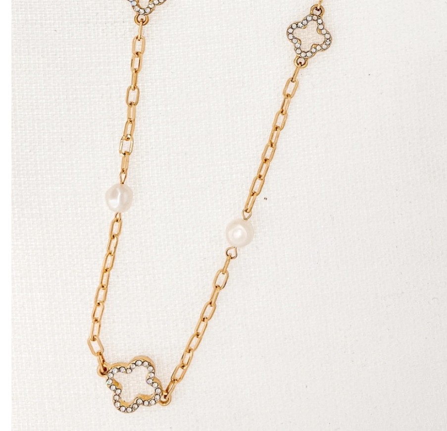 La Maison Necklaces | Envy Long Gold Necklace With Freshwater Pearls And Diamante Fleurs - La Maison