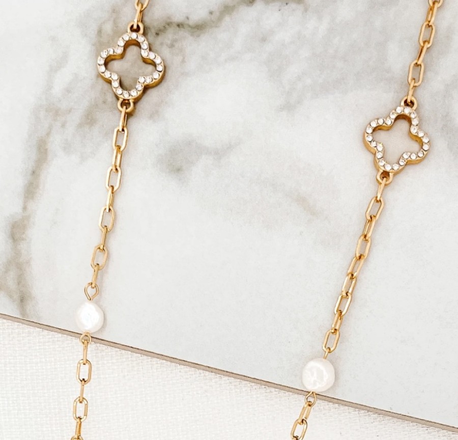 La Maison Necklaces | Envy Long Gold Necklace With Freshwater Pearls And Diamante Fleurs - La Maison