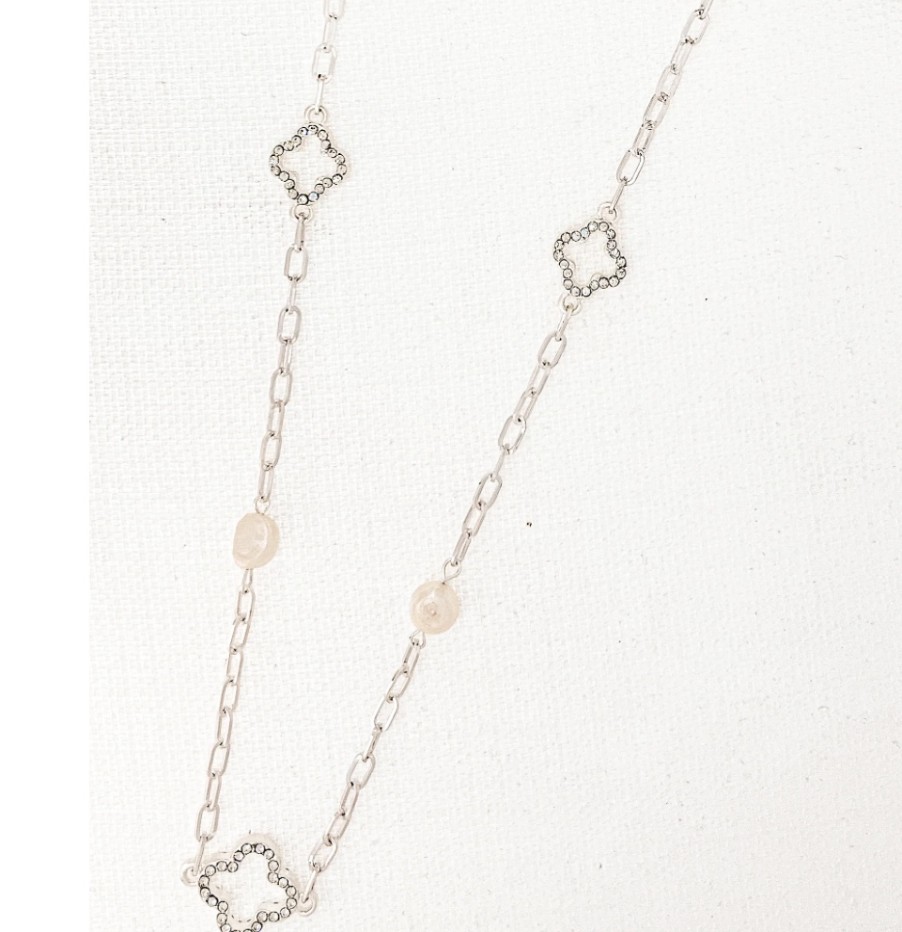 La Maison Necklaces | Envy Long Silver Necklace With Freshwater Pearls And Diamante Fleurs - La Maison