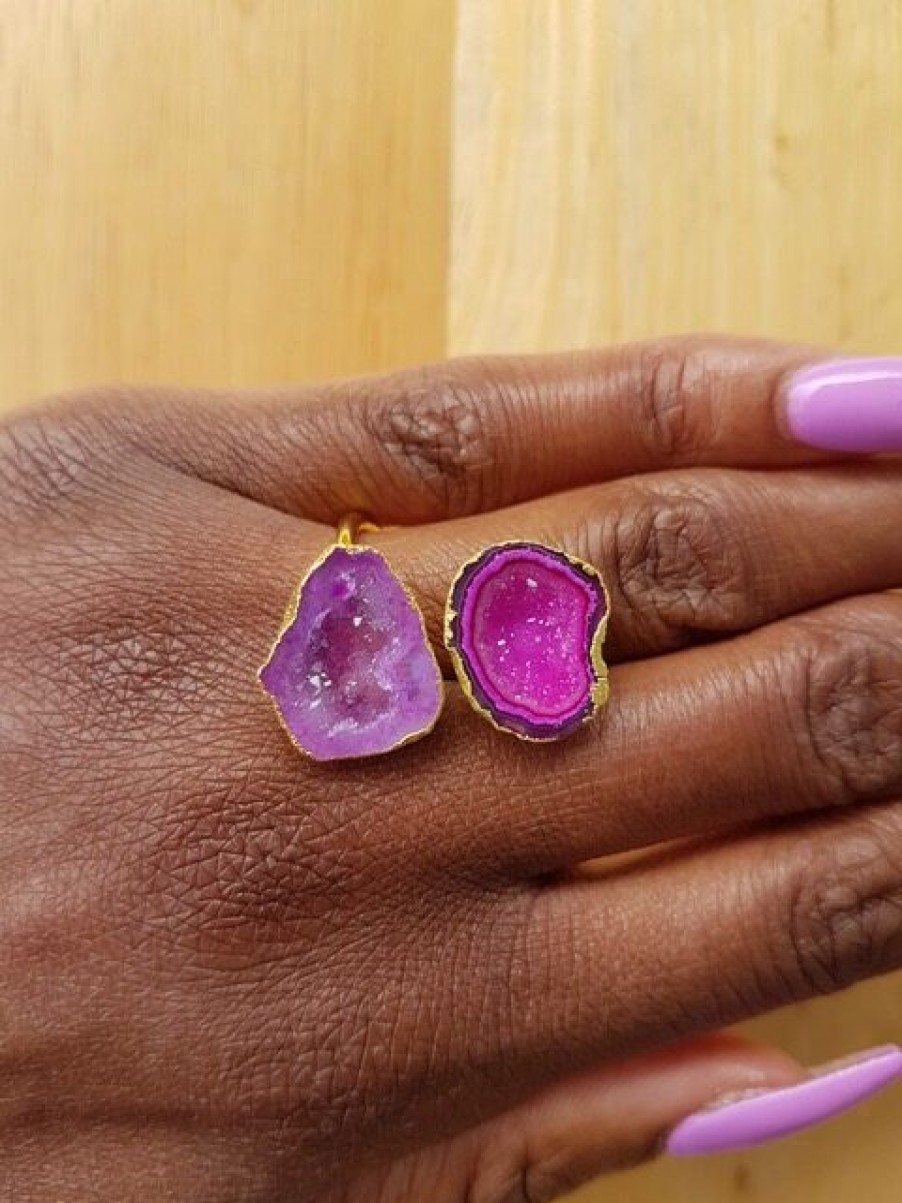 La Maison Rings | Double Semi Precious Pink Stone Gold Ring Adjustable - La Maison