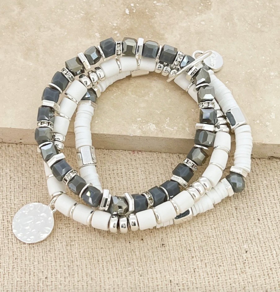 La Maison Bracelets | Silver And Grey Bead Multi Layer Stretch Bracelet - La Maison