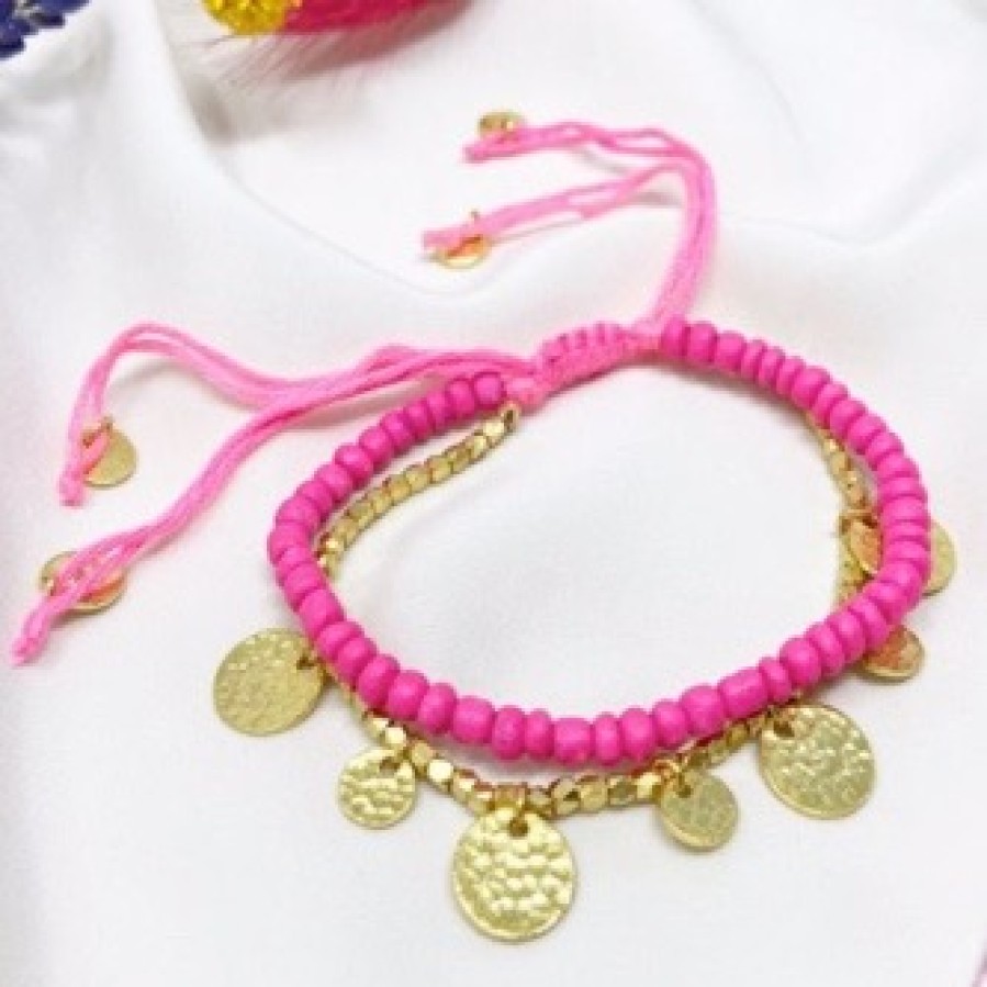 La Maison Bracelets | Cleo Bracelet In Pink With Gold Discs - La Maison