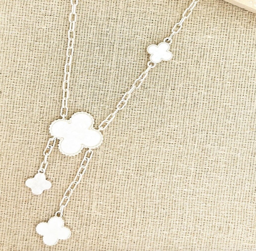 La Maison Necklaces | Envy Short Silver And Pearl White Clover Dropper Necklace - La Maison