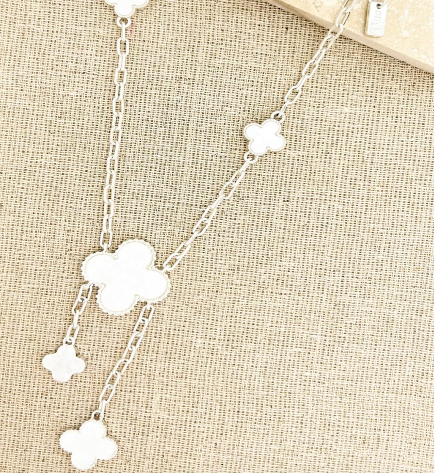 La Maison Necklaces | Envy Short Silver And Pearl White Clover Dropper Necklace - La Maison