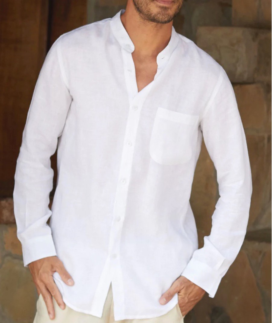 La Maison Men Shirts | Aspiga Men'S Nehru Collar White Linen Shirt - La Maison