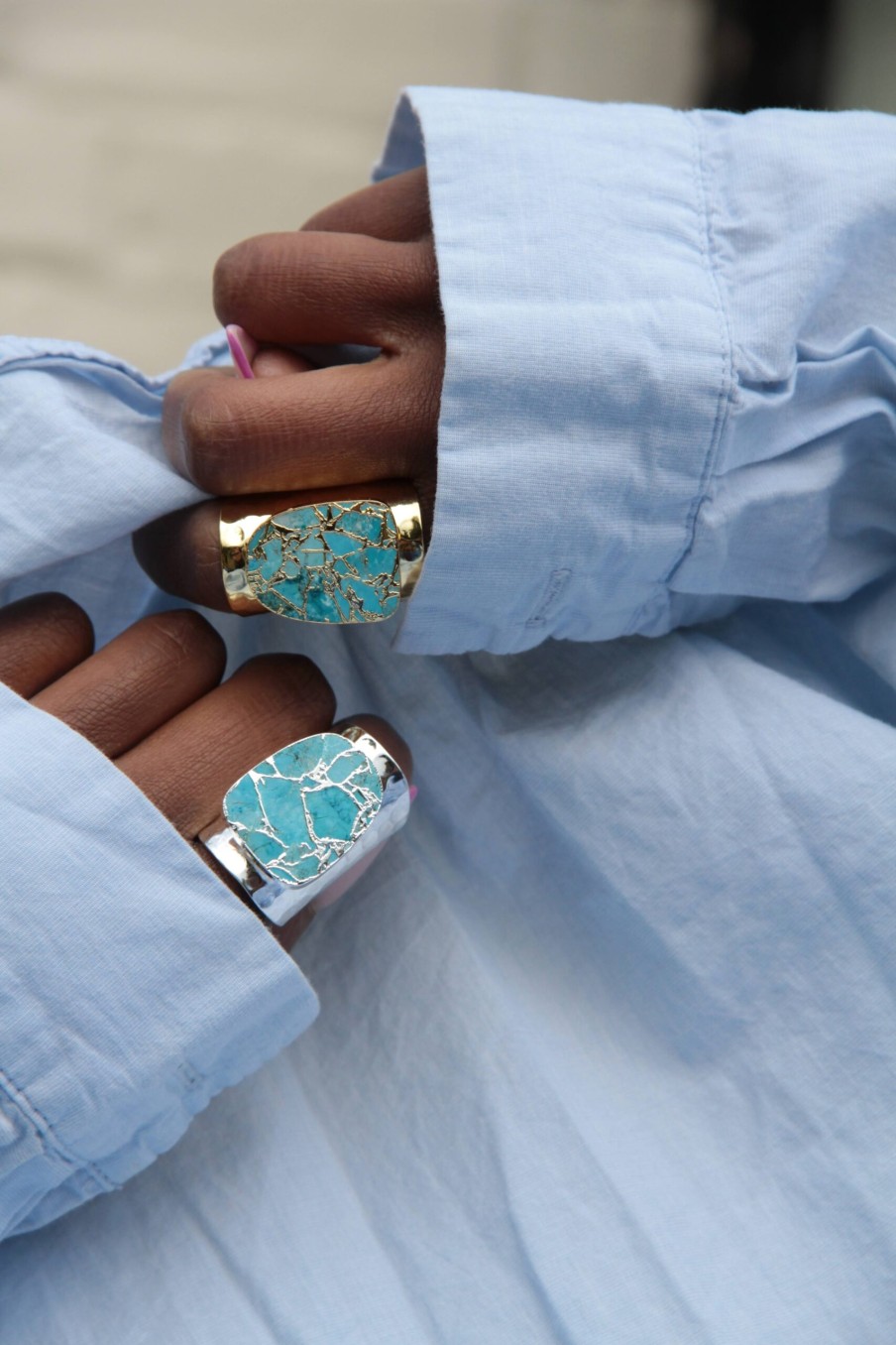 La Maison Rings | Longline 'Molten' Turquoise Stone Cuff Statement Ring In Silver - La Maison