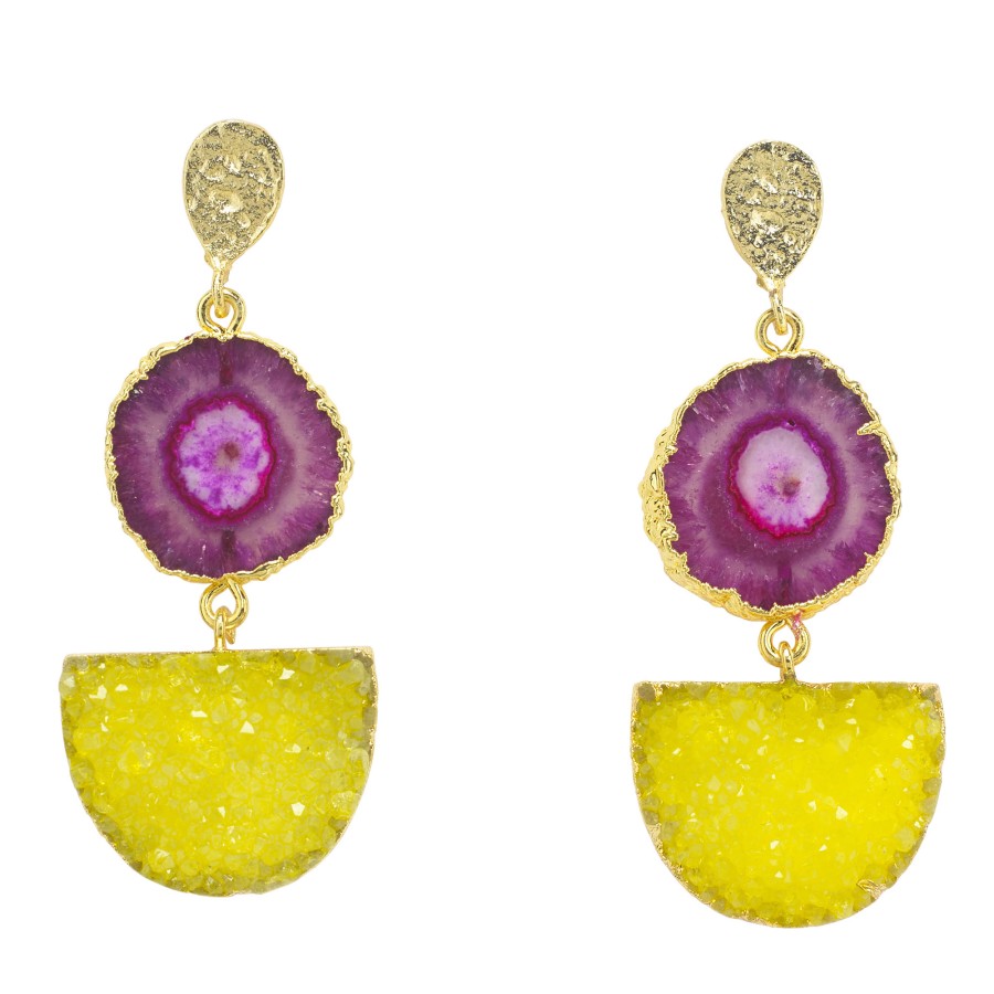 La Maison Earrings | Stunning Violet Solar Quartz And Lemon Druzy Agate Gold Pendant Earrings - La Maison