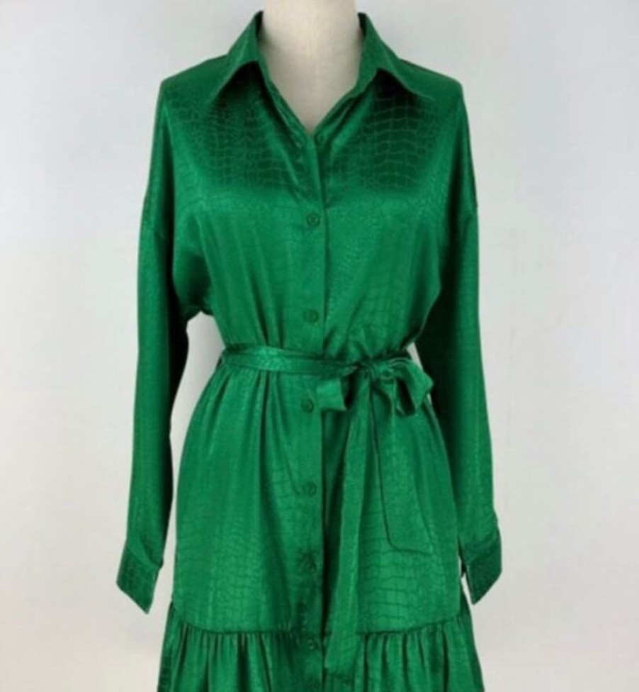 La Maison Dresses And Skirts | Green Satin Shirt Style Short Dress - La Maison