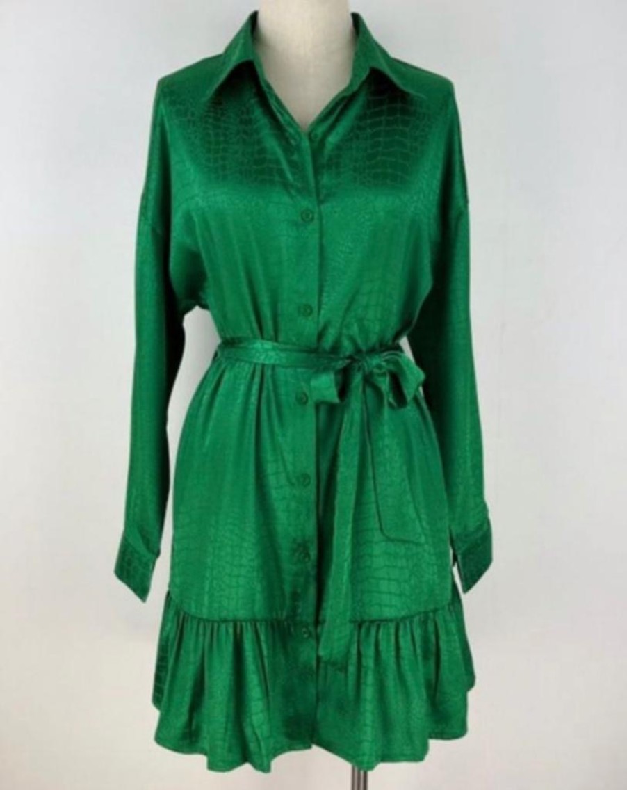 La Maison Dresses And Skirts | Green Satin Shirt Style Short Dress - La Maison