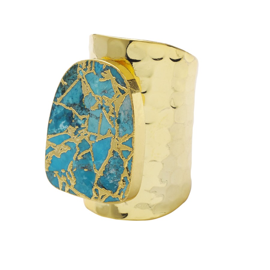 La Maison Rings | Longline 'Molten' Turquoise Stone Cuff Statement Ring In Gold - La Maison