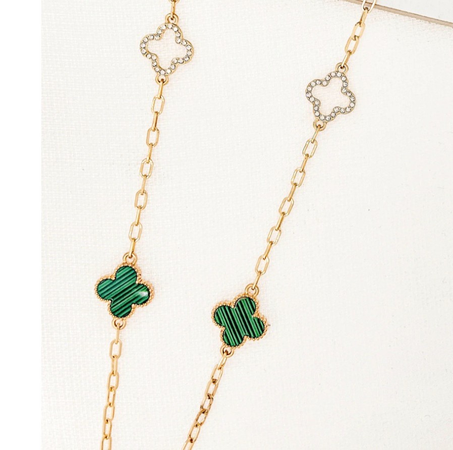 La Maison Necklaces | Long Gold Necklace With Diamante And Green Fleurs - La Maison