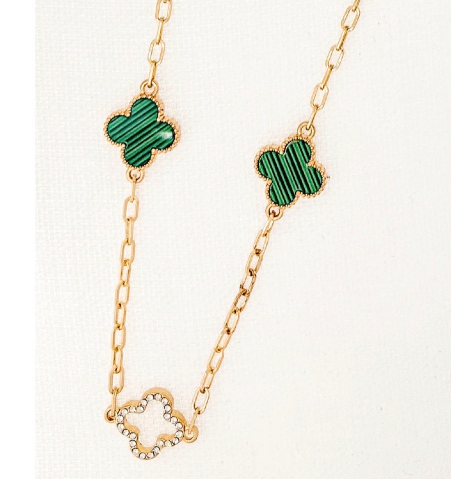 La Maison Necklaces | Long Gold Necklace With Diamante And Green Fleurs - La Maison